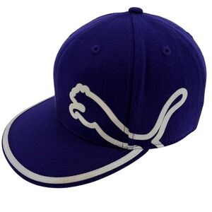 Puma 210 Fitted Flexfit Hat Purple White Big Cat Logo Flat Brim Cap Mens S/M